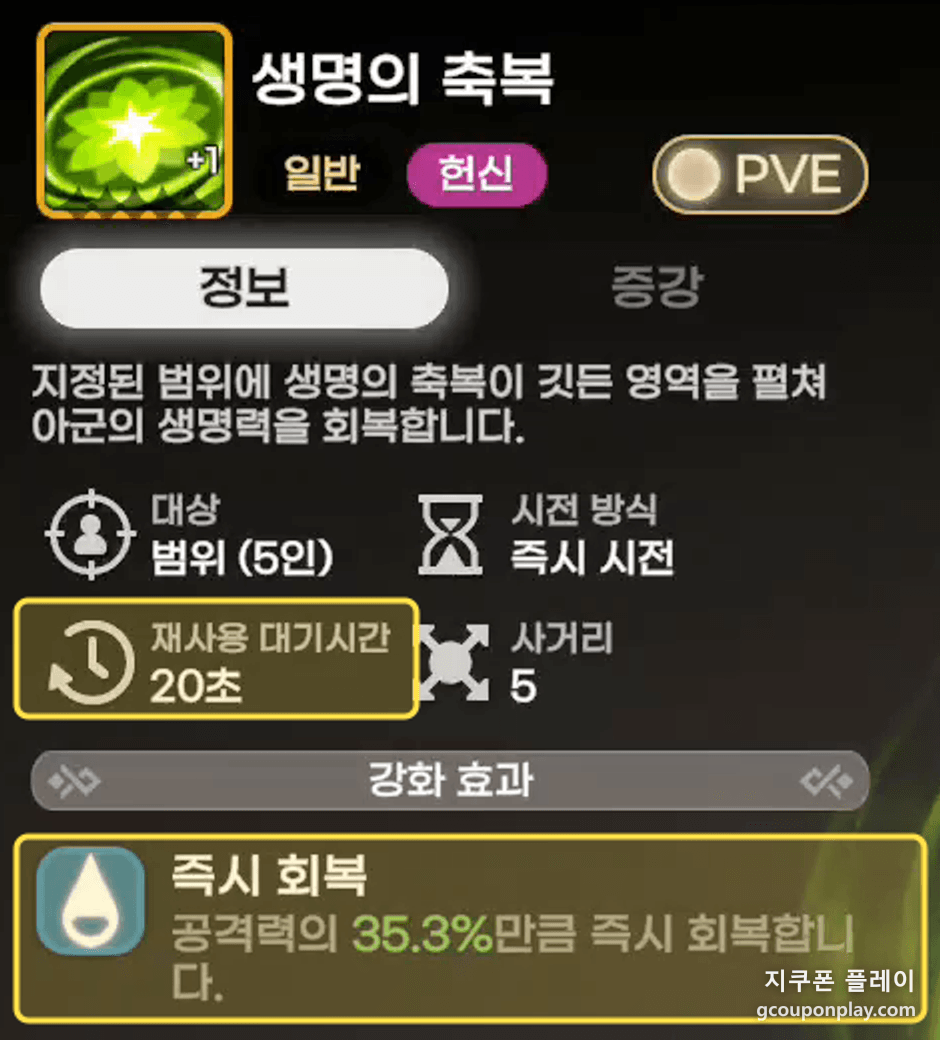 생명의 축복 - 재사용 20초 · 공격력 35.3% 즉시 회복 · 회전 난격 - 기세 보유 중 적중 시 공격력 10% 회복